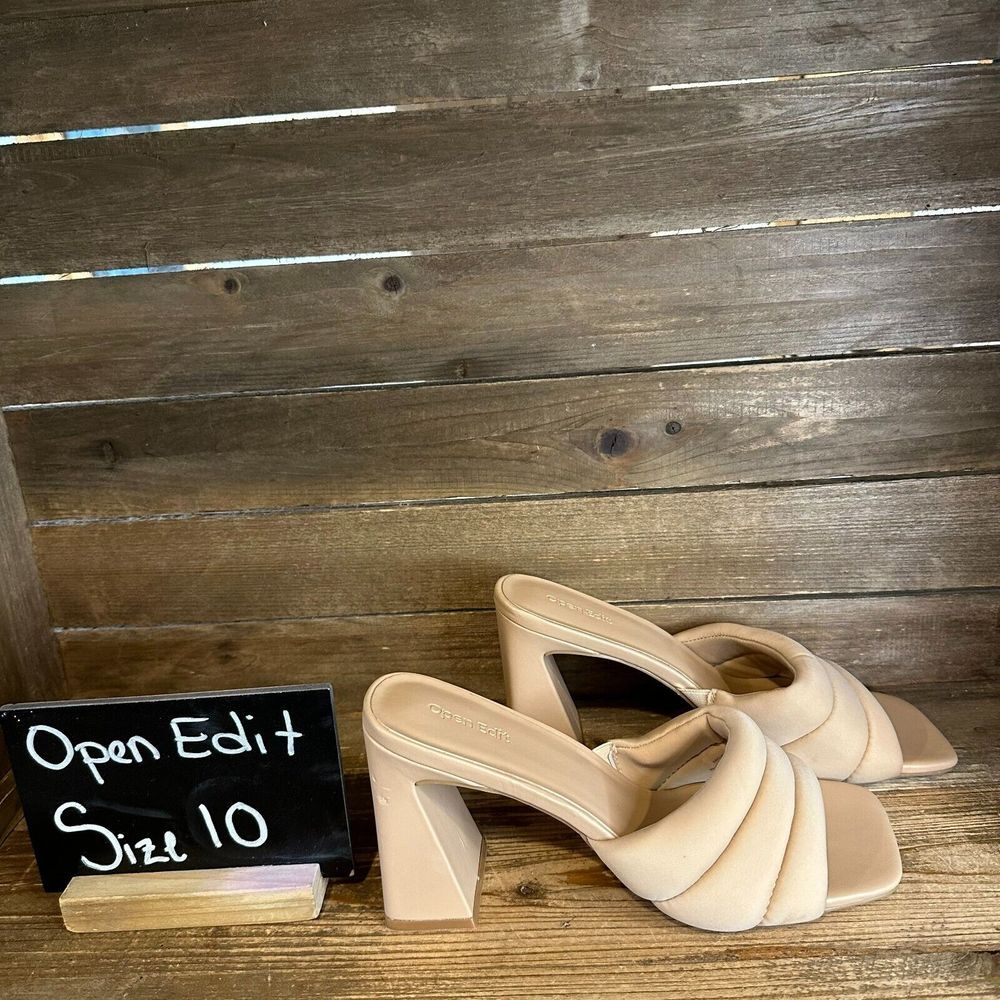 New Womens Open Edit Sheena Puff Beige Slip On Square Heels Sandals Size 10 M